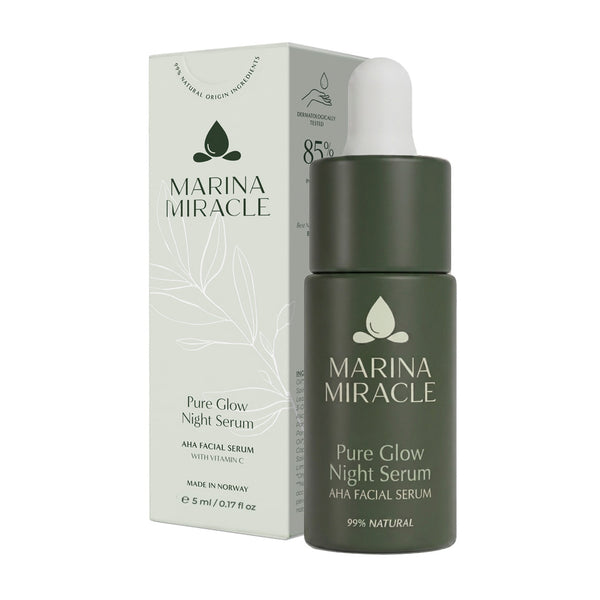 Pure Glow Night Serum eksfolierende, helt naturlig nattserum med eske. Laget i Norge med rene ingredienser.