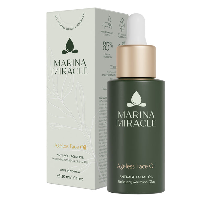 Marina Miracle Ageless Face Oil er en ansiktsolje moden og tørr hud som gir dypt pleie og næring til huden igjennom hele dagen.